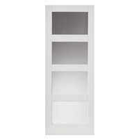 Cayman White Primed Glazed 35x1981x686mm internal door features shaker panel, MDF face with four clear glazed panels and it is high quality white primed for finish painting. This door benefits from solid core construction.