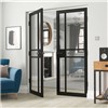 City Black Painted Clear Glazed 35x1981x610mm Internal Door features Contemporary art deco style door design. This door is comprised of clear flat safety glass, constructed with individual panes of glass for added stability.