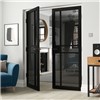 City Black Painted Tinted Glazed 35x1981x762mm Internal Door features Contemporary art deco style door design. This door is comprised of clear tinted safety glass, constructed with individual panes of glass for added stability.