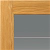 Medina Oak Prefinished Glazed 35x1981x762mm internal door is real oak veneered modern style door. Timber veneers are a natural material and variations in the colour and graining should be expected. Colours and graining patterns depicted in our product imagery are representative only.