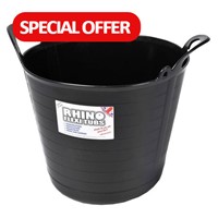 Rhino heavy duty 40 litre black flexible tub is the most robust tub on the market being BBA tested to 360kg. Featuring a rib structure which optimises performance and strength. Manufactured with recycled plastics.